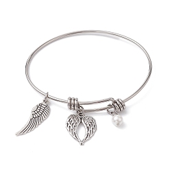 Antique Silver 304 Stainless Steel Expandable Bangle, Wings Alloy Charm Bangle, Antique Silver, Inner Diameter: 2-1/8~2-1/4x2-1/2~2-1/2 inch(5.5~57x6.3~6.5cm)
