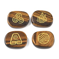 Тигровый глаз 4 шт 4 стили натуральный тигровый глаз дисплей украшения, фигурка для украшения дома, энергетический камень рейки для исцеления, овал с символами воздуха, пожар, элементы воды и почвы, 25x20x7~7.5 мм, 1 шт / стиль