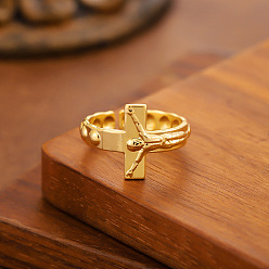 Cross 304 открытые кольца манжеты из нержавеющей стали, реальный 18 k позолоченный, крестик, 15~20 мм