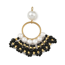 Black 304 Stainless Steel & Glass Seed Beaded Pendants, Fan Charm, Black, 43x37x8.5mm, Hole: 2.5mm
