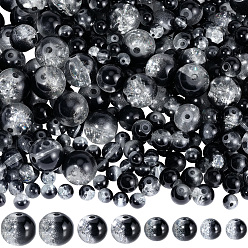 Noir 450 pièces 4 styles perles de verre craquelé peintes à la bombe, ronde, noir, 4~10mm, trou: 1.1~1.6 m