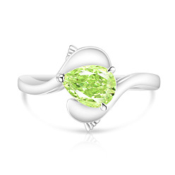 Light Green Brass Pave Single Cubic Zirconia Finger Rings, Teardrop, Platinum, Light Green, 15~20mm