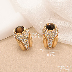 Rectangle Серьги-гвоздики из сплава, натурального тигрового глаза и прозрачного кубического циркония, золотые, прямоугольные, 28.3x17 мм