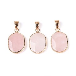 Розовый Кварц Природного розового кварца подвески, подвески с овальными камнями, с латунным краем и защелкивающимися дужками, золотые, 25~25.5x15.5~16.5x3~4 мм, отверстие : 7x4 мм