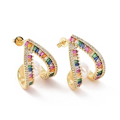 Golden Colorful Cubic Zirconia Teardrop Stud Earrings, Brass Jewelry for Women, Golden, 22x17mm, Pin: 0.7mm