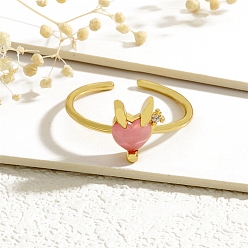 Ярко-Розовый Латунные микро проложить манжеты кольца кубического циркония, с кошачий глаз, реальный 18 k позолоченный, кролик, ярко-розовый, внутренний диаметр: регулируемый