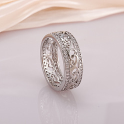 Платина Кольца для пальцев с полыми цветами из латуни, микропаве из прозрачных кубических цирконий, платина, 8 мм, размер США 7 (17.3 мм)