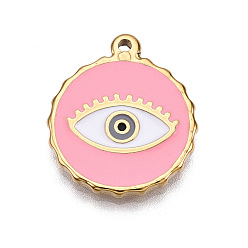 Бледно-Розовый Вакуумное покрытие pvd 201 эмалированные подвески из нержавеющей стали, реальный 18 k позолоченный, плоский круглый с оберегом от сглаза, розовый жемчуг, 23.5x20x2.5 мм, отверстие : 1.2 мм