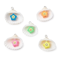 Звезда Подвески из полимерной глины ручной работы в виде натуральной ракушки и улыбающегося лица, с искусственным жемчугом из АБС-пластика и петлями из медной проволоки, платина, разноцветные, звезда, 21.5~25x22.5~27.5x9~10 мм, отверстие : 2~2.5 мм