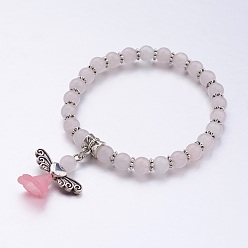Розовый Кварц Натуральный розовый кварц бисер стрейч браслеты шарма, с тибетскими бисером стиле и прозрачные акриловые бусины, матовые, ангел, 2-1/8 дюйм (55 мм)