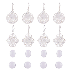 Silver Brass Earring Hooks, with Glass Cabochons and Alloy Cabochon Settings, Flower & Flat Round, Silver, Tray: 12mm, 47mm, Tray: 18x13mm, 49mm, 6pairs/set