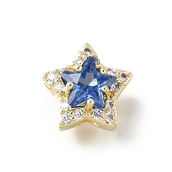 Королевский синий Латунные микро проложить кубического циркония бусы, звезда, с кристаллическим цирконием, реальный 18 k позолоченный, Камень декабря, королевский синий, 10x10x7.5 мм, отверстие : 2x2 мм