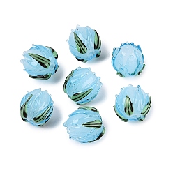 Light Sky Blue Handmade Lampwork Beads, Tulip with Leaf, Light Sky Blue, 13~15x12~14x12~14mm, Hole: 1~1.6mm