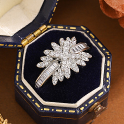 Платина Кольца для женщин с микропаве из латуни и прозрачными кубическими цирконами, цветок, платина, размер США 7 (17.3 мм)