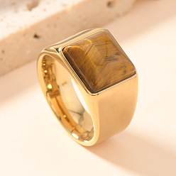 Rectangle 304 Кольца из нержавеющей стали и натурального тигрового глаза, золотые, прямоугольные, размер США 7 (17.3 мм)