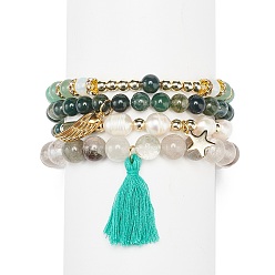 Mixed Color 4Pcs 4 Style Natural & Synthetic Mixed Gemstone & Pearl Stretch Bracelets Set, Tassel & Star & Wing Charms Stackable Bracelets for Women, Mixed Color, Inner Diameter: 2-1/8 inch(5.3cm), 1Pc/style
