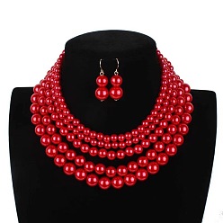 Красный Многослойные ожерелья и серьги-подвески из пластикового жемчуга с круглыми бусинами, сплав ювелирных изделий, золотые, красные, 470 мм