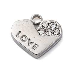 Нержавеющая Сталь Цвет 304 из нержавеющей стали горный хрусталь подвески, любовные сердечные прелести, День святого Валентина, цвет нержавеющей стали, 7.5x8x1.5 мм, отверстие : 1 мм