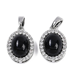 Платина Овальные подвески из черного стекла, латунные прозрачные кубические циркониевые подвески, платина, 16x11.5x7.5 мм, отверстие : 4x2 мм
