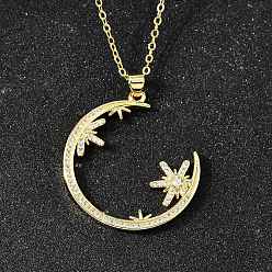 Настоящее золото 18K Латунные микропаве прозрачные кубические цирконии цветок луна кулон ожерелья для женщин, реальный 18 k позолоченный, 17.60 дюйм (44.7 см), удлинитель: 49 мм