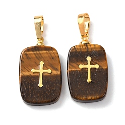 Тигровый глаз Природных тигровый глаз подвески, с латунной фурнитурой и 304 кабошонами из нержавеющей стали, золотые, прямоугольник с подвесками в виде креста, 23~23.5x13~13.5x3.5~4 мм, отверстие : 7.5x4 мм