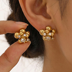 Paw Print 304 Серьги-гвоздики из нержавеющей стали с прозрачными кубическими циркониями, золотые, отпечаток лапы, 13.7x13.7 мм