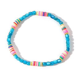 Голубой Браслеты из потрескавшихся натуральных ракушек для женщин, колонка, с бисером хэйши из полимерной глины ручной работы, голубой, внутренний диаметр: 6-7/8 дюйм (17.5 см)