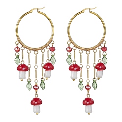 Colorful Golden Brass Hoop Earrings, Glass Mushroom Tassel Earrings, Colorful, 103x11mm