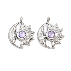 Фиолетовый 304 из нержавеющей стали горный хрусталь подвески, подвески-камни со звездами и луной, июнь, цвет нержавеющей стали, фиолетовые, 19.5x16x3.5 мм, отверстие : 1.6 мм