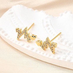 Настоящее золото 18K Серьги-гвоздики Heartbeat из латуни с микропаве из прозрачных кубических цирконий, без свинца и без кадмия, стойки покрытие, долговечный, реальный 18 k позолоченный, 8.5x12 мм