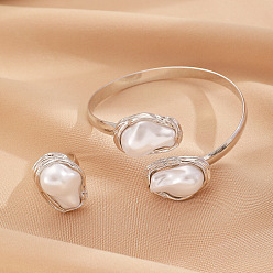 Платина Комплекты украшений из овального сплава и пластикового жемчуга, наборы браслетов и колец, платина, внутренний диаметр: 63 мм и 18 мм