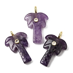 Аметист Резные подвески из натурального аметиста, Подвески в виде кокосовых пальм с фурнитурой из прозрачных кубических цирконий, инкрустированной латунью методом микропаве., золотые, стойки покрытие, 35~36x21.5~22x0.5 мм, отверстие : 3.7 мм