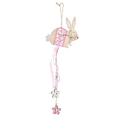 Pearl Pink Wooden Hanging Ornaments, Wall Decorations, with Tartan Pattern Ribbon, for Easter Party Home Decoration, Rabbit, Pearl Pink, 460mm