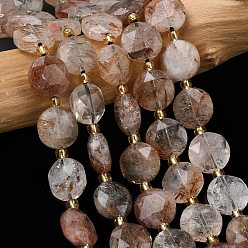 Rutilated Кварц Нити бусин из рутилированного кварца из натурального черного золота, граненый шестиугольный разрез, плоско-круглые, с бисером, 10~11x5 мм, отверстие : 1.2 мм, около 31~32 шт / нитка, 15.35~15.55'' (39~39.5 см)