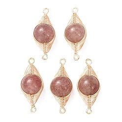 Клубничный Кварц Круглые соединительные подвески из натурального клубничного кварца с медной проволочной обмоткой в виде елочки., золотые, долговечный, 27~28x10x11 мм, отверстие : 1.4~1.6 мм