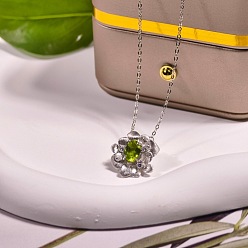 Перидот 925 Женские кулоны-цветы из стерлингового серебра с паве из прозрачных кубических цирконий и натуральных перидотов, серебряный цвет гальваническим, 17.72 дюйм (45 см)