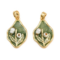 Средний Морско-зеленый Латунь эмаль подвески, с натуральной жемчужиной, реальный 18 k позолоченный, самородки с цветочным шармом, средний морской зеленый, 22x14x5.5 мм, отверстие : 5x3 мм
