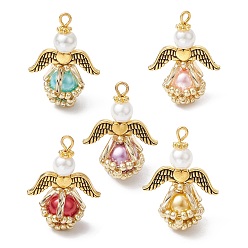 (52) Непрозрачная лаванда Стеклянные жемчужины круглые бусины подвески, ангельские прелести, со стеклянными бусинами, крылом из сплава и железной петлей, разноцветные, 27x20x12.5 мм, отверстие : 2 мм