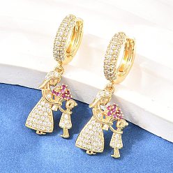 Настоящее золото 18K Серьги-кольца из латунного микро-паве с прозрачным кубическим цирконием, женщины с ребенком, без свинца и без кадмия, долговечный, стойки покрытие, реальный 18 k позолоченный, 34x13 мм
