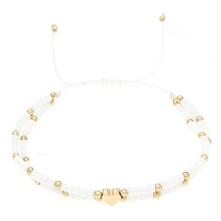 Белый Стеклянные плетеные браслеты из бисера, регулируемый браслет из латуни в форме сердца, белые, 6-1/4~10-1/4 дюйм (16~26 см)