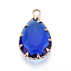 Королевский синий Прозрачные стеклянные подвески, слеза, с латунной кромкой, граненые, королевский синий, 22~22.5x13.5~14x5~6 мм, отверстие : 2~2.2 мм