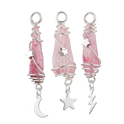 Ярко-Розовый 3 шт. 3 стили гальванизированные самородки из натурального кварца, обернутые медной проволокой подвески, с латунной луной и звездой в виде молнии, серебряный цвет гальваническим, ярко-розовый, 43.5~46x7.5~13.5x8~10 мм, отверстие : 3.5 мм, 1 шт / стиль