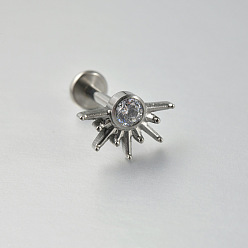 Платина Серьги для хряща уха из титанового сплава с инкрустацией прозрачными кубическими циркониями, солнце, платина, 6.2x9 мм, штифты : 1.2 мм, бар: 8 mm
