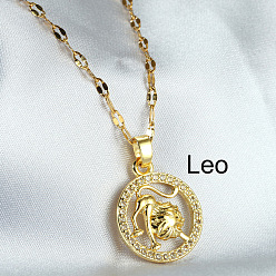 Лео Двенадцать созвездий сплава хрустальные стразы подвески ожерелья для женщин, золотые, Лев, 17.72 дюйм (45 см)