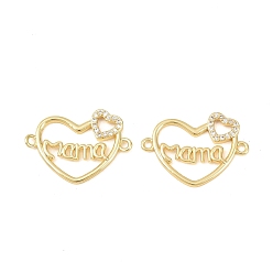 Сердце День матери латунные микро-паве прозрачные кубические цирконии слово мама соединительные подвески, золотые, долговечный, стойки покрытие, без свинца и без кадмия, сердце, 18x25x2 мм, отверстие : 1.6 мм