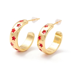 Red Golden Brass Stud Earrings for Women, Star Pattern Enamel Open Hoop Earrings, Rack Plating Half Hoop Earrings, Cadmium Free & Lead Free, Red, 6x19x2mm, Pin: 1mm, Inner Diameter: 16mm