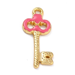 Fuchsia Golden Alloy Enamel Pendants, Long-Lasting Plated, Key, Fuchsia, 27x12x2mm, Hole: 1.8mm