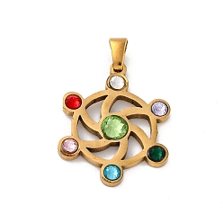 Золотой 304 подвески из нержавеющей стали, с красочными горный хрусталь, Цветочные подвески, ионное покрытие (IP), золотые, 25x20x3.5 мм, отверстие : 4.5x3.5 мм