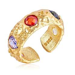 Golden 925 Sterling Silver Crown Open Cuff Ring, Colorful Cubic Zirconia Chunky Ring for Women, Golden, US Size 5 1/4(15.9mm)