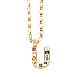 Letter U Подвеска-колье с инициалом из латуни, украшенная разноцветными кубическими циркониями., золотые, Буква U, 17.32 дюйм (44 см), Кулон : 20x14 мм